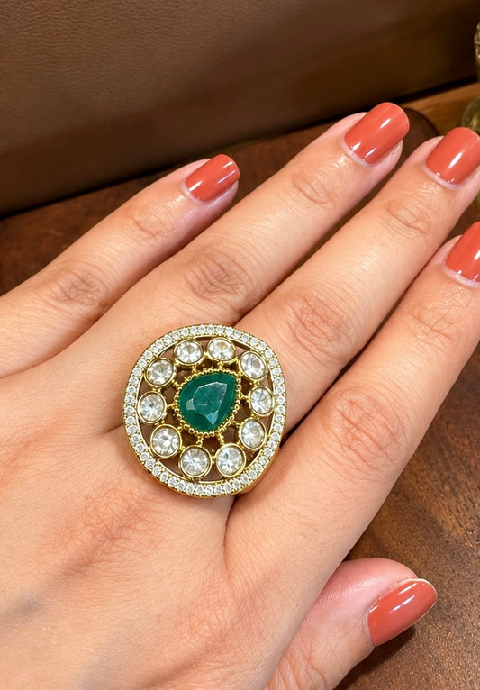 Aarini - Emerald & Real Moissanite Polki Statement Ring