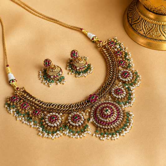 Rajamandala Bottu Mala – Original Jadau Kundan Necklace Set.