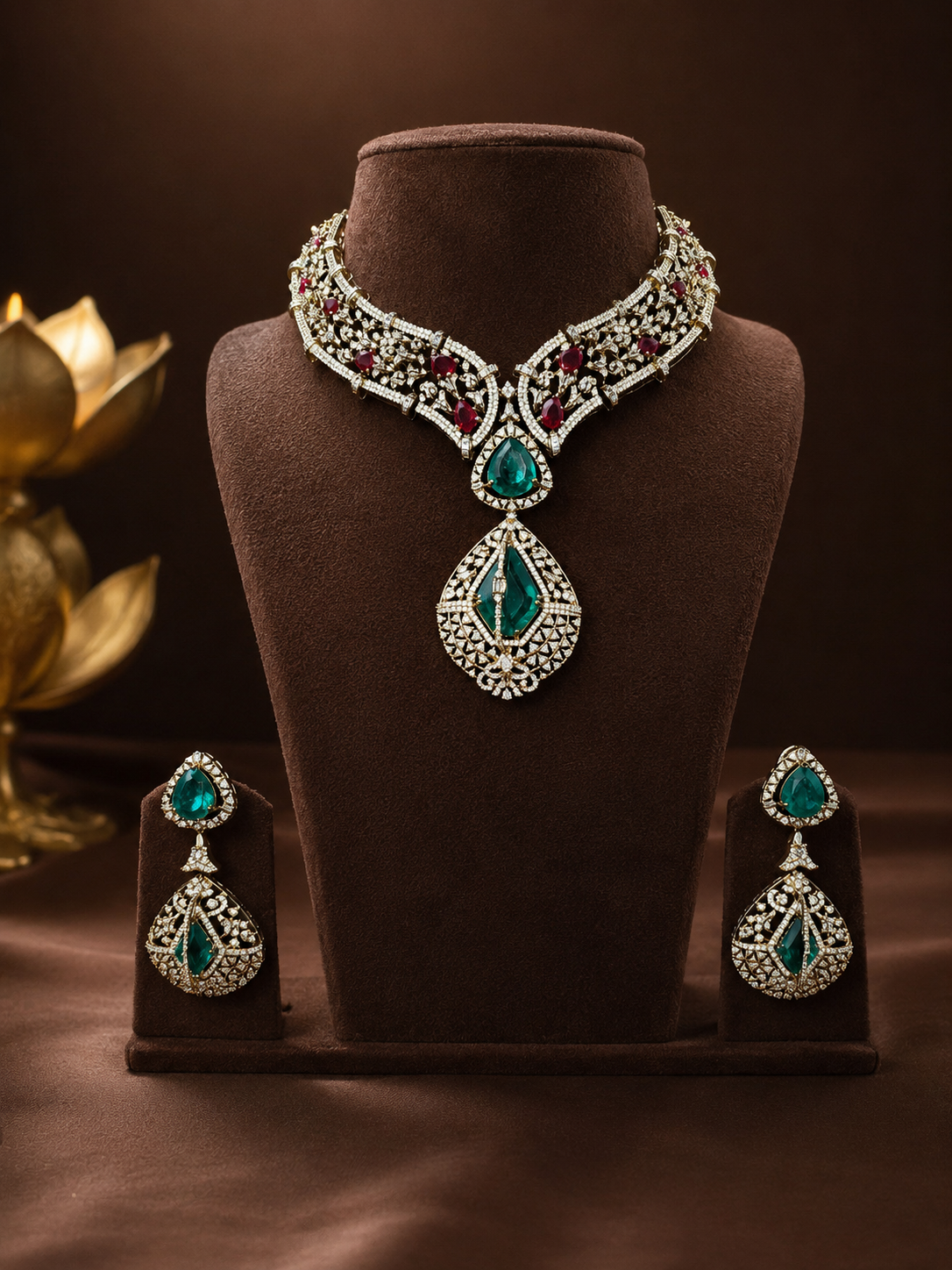 Rajratna – Emerald Diamond Filigree Heritage Necklace Set