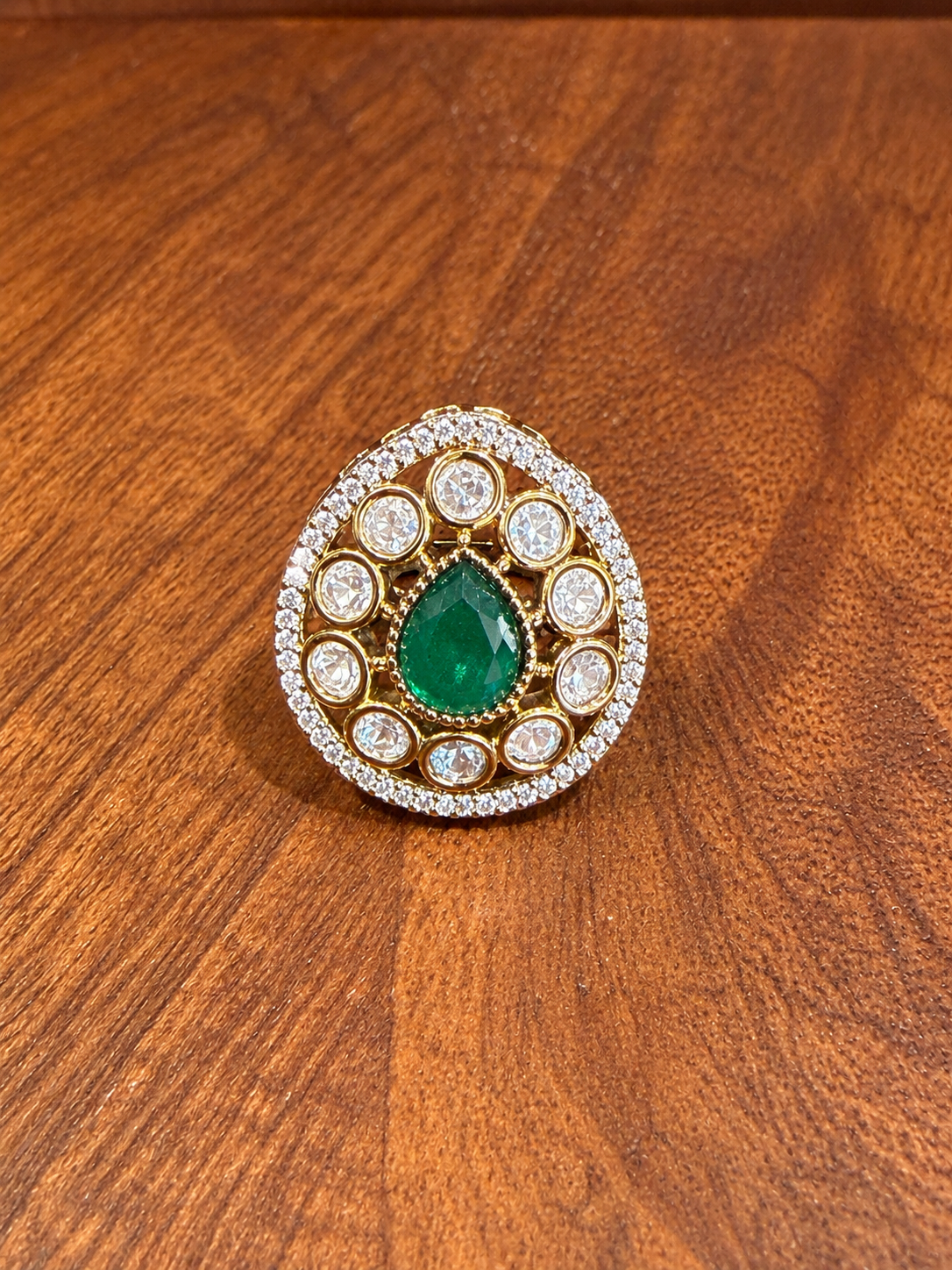 Aarini - Emerald & Real Moissanite Polki Statement Ring