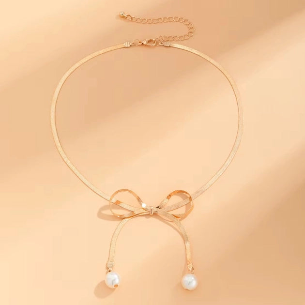 Pearl Droplet Bow Necklace