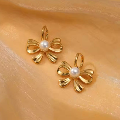 Pearl Bow Huggies -18k Gold Plated