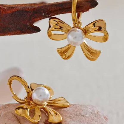 Pearl Bow Huggies -18k Gold Plated