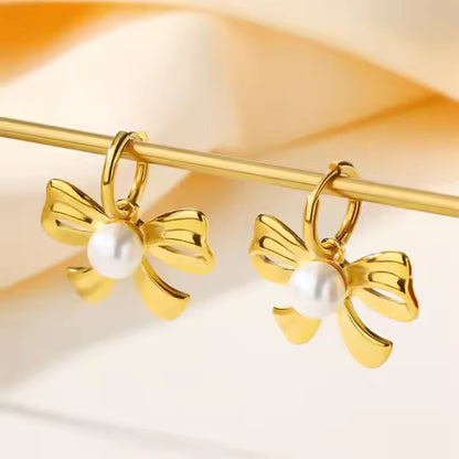 Pearl Bow Huggies -18k Gold Plated
