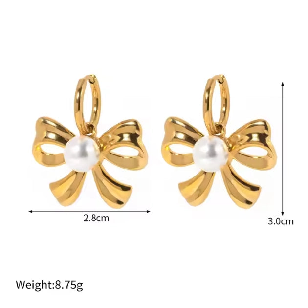 Pearl Bow Huggies -18k Gold Plated