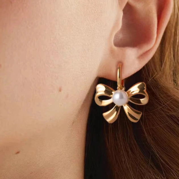 Pearl Bow Huggies -18k Gold Plated