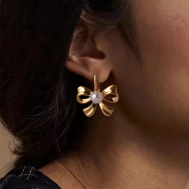 Pearl Bow Huggies -18k Gold Plated