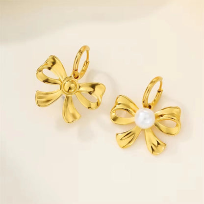 Pearl Bow Huggies -18k Gold Plated