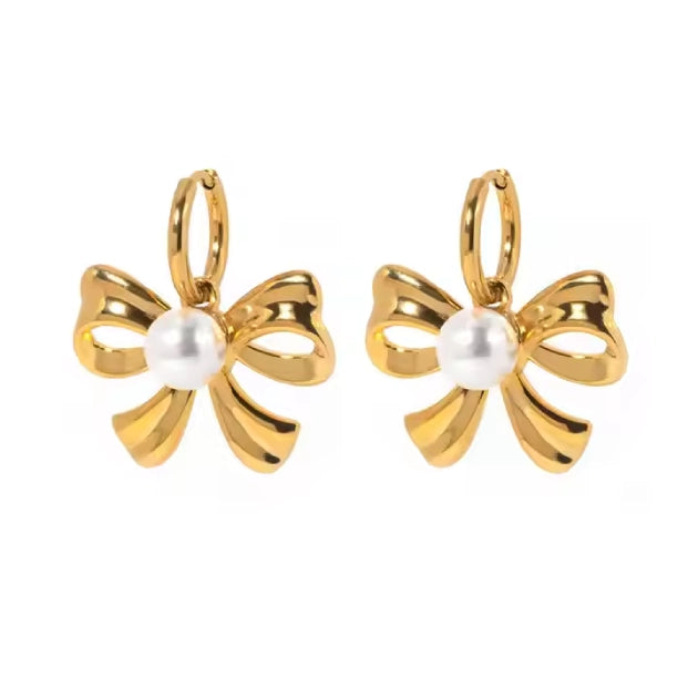 Pearl Bow Huggies -18k Gold Plated