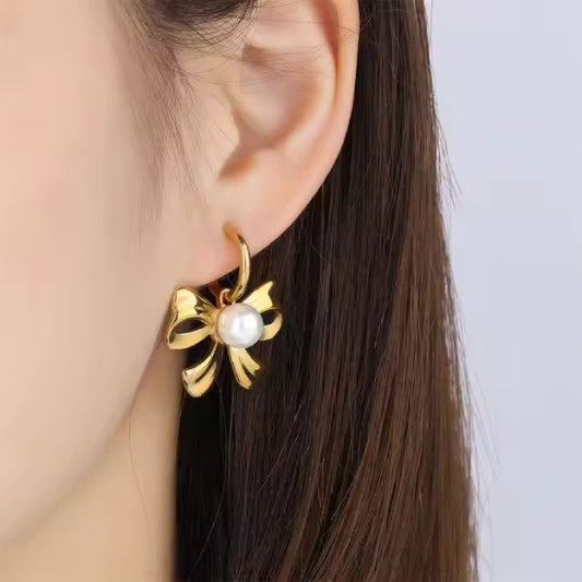 Pearl Bow Huggies -18k Gold Plated