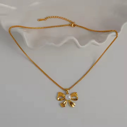 Pearl Bow Neck Charm - 18k Gold Plated