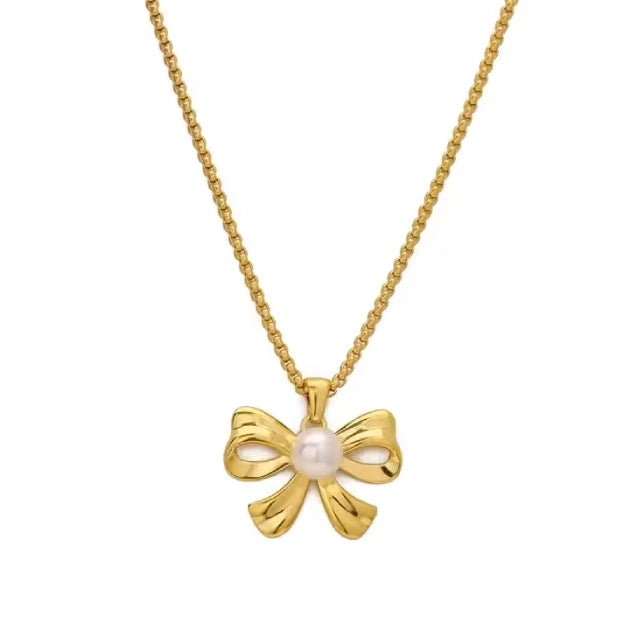 Pearl Bow Neck Charm - 18k Gold Plated
