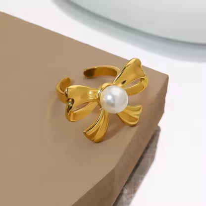 Pearl Studded Bow Ring – 18k Gold Plated