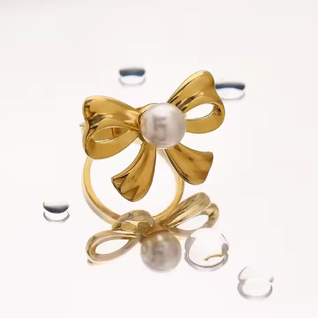 Pearl Studded Bow Ring – 18k Gold Plated