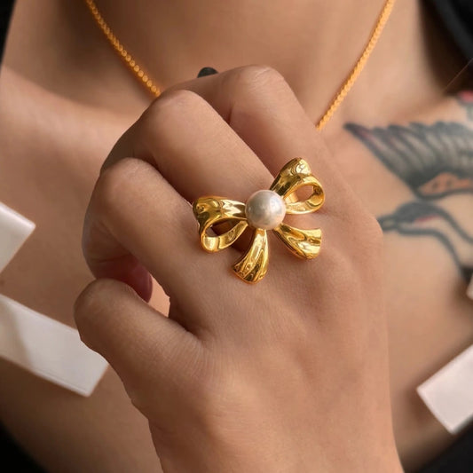Pearl Studded Bow Ring – 18k Gold Plated