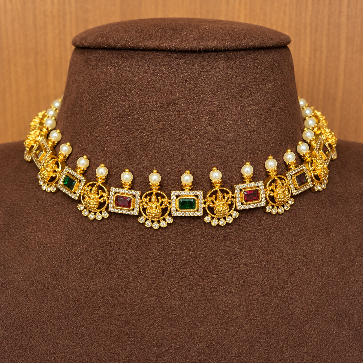 Ratna Lakshmi Kanti – Ruby Emerald Temple Choker Set.