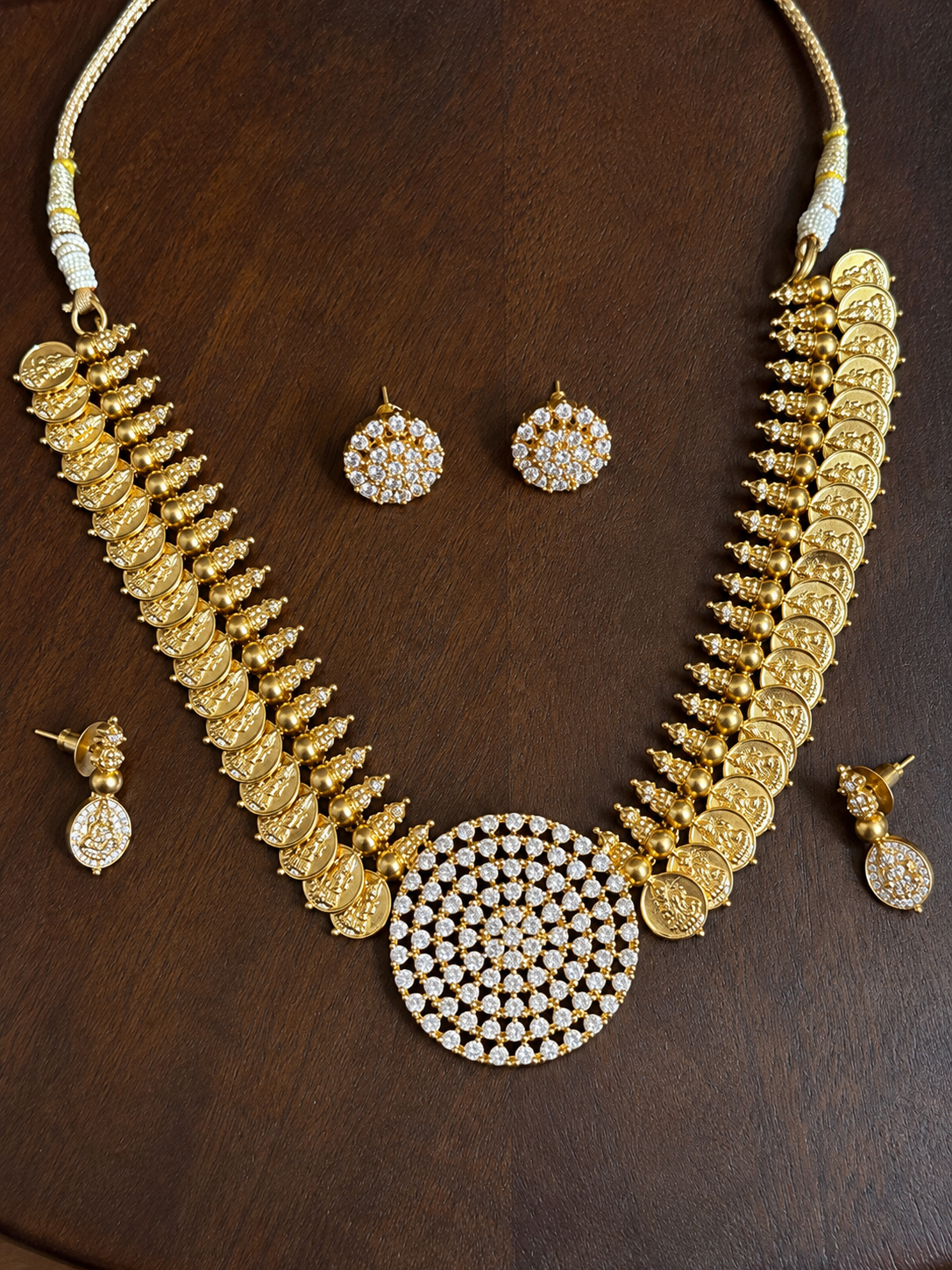 Chakrika Kasusara – Zircon Coin Necklace Set with Two Matching Earrings
