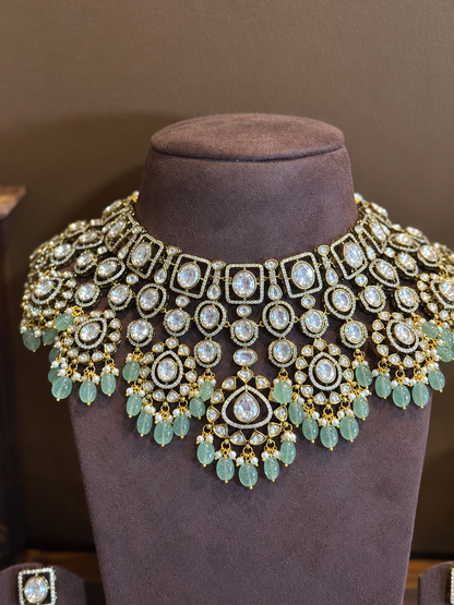 Vasundhara Statement Guluband – Mughal Style Moissanite Polki Mint Green Bead Necklace Set