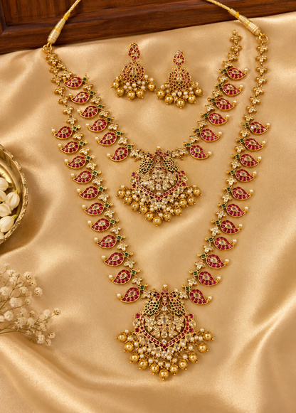 Manga Abharana - Mango Motif Kemp Kundan Necklace, Haaram & Earring Set
