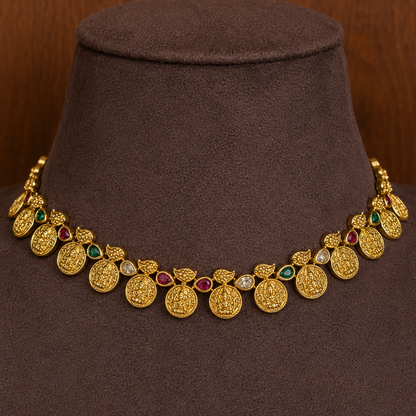 Lakshmi kasilekha – Ruby Emerald Coin Temple Necklace Set.