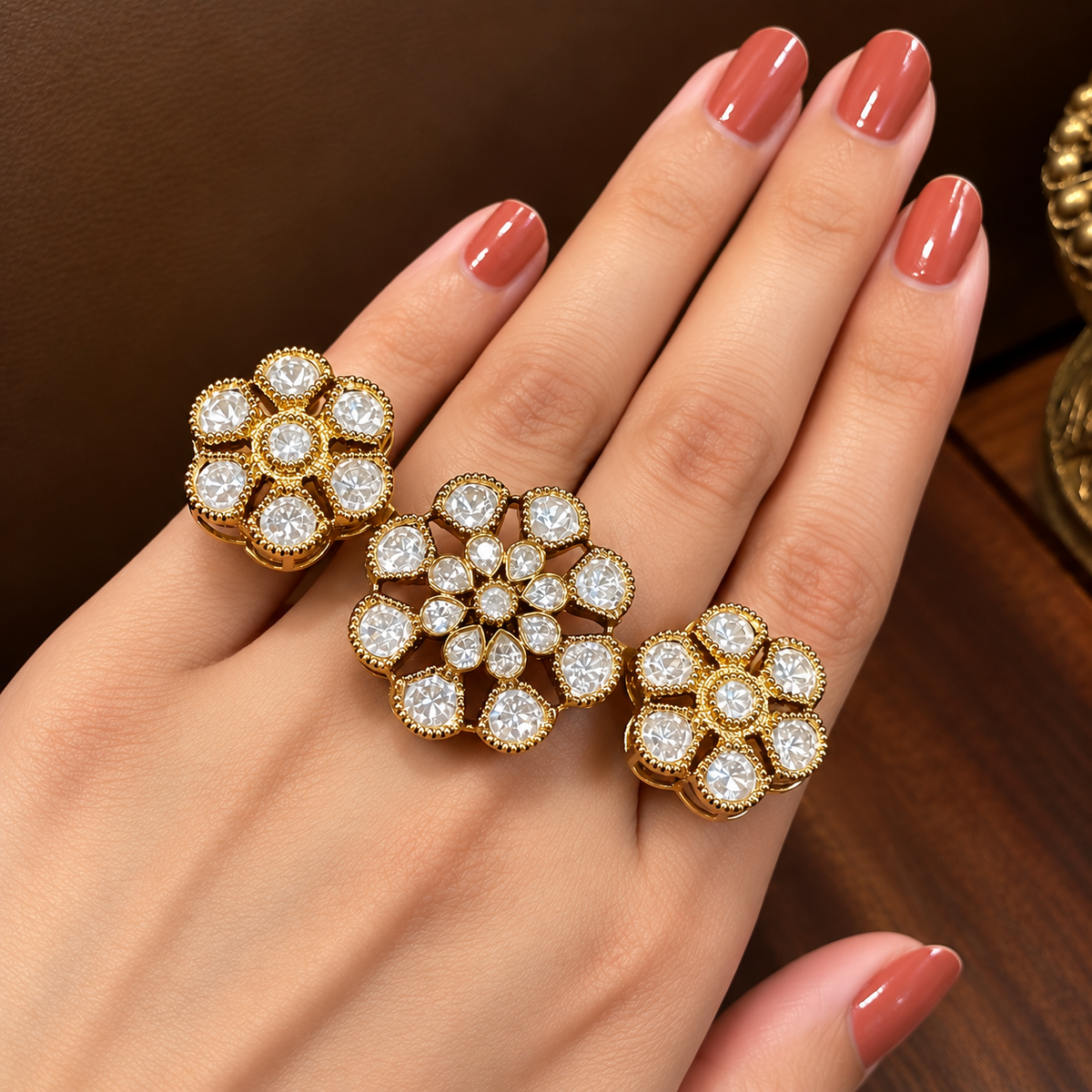 Tarini - Real Moissanite Polki Four-Finger Statement Ring
