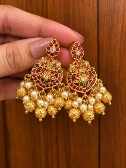 Manga Abharana - Mango Motif Kemp Kundan Necklace, Haaram & Earring Set