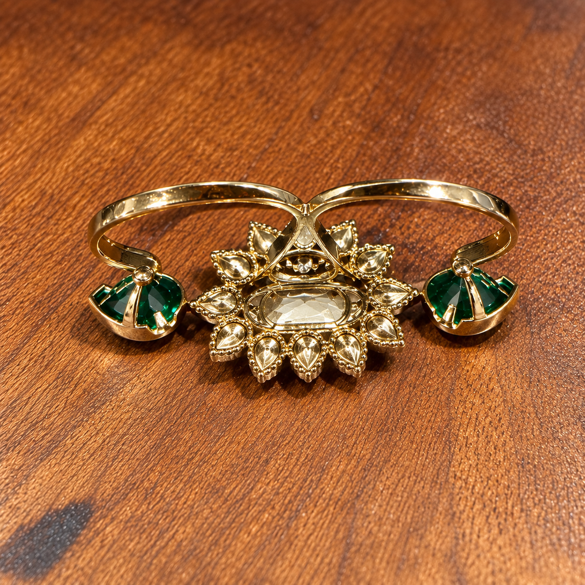 Harini - Emerald & Real Moissanite Polki Two-Finger Statement Ring