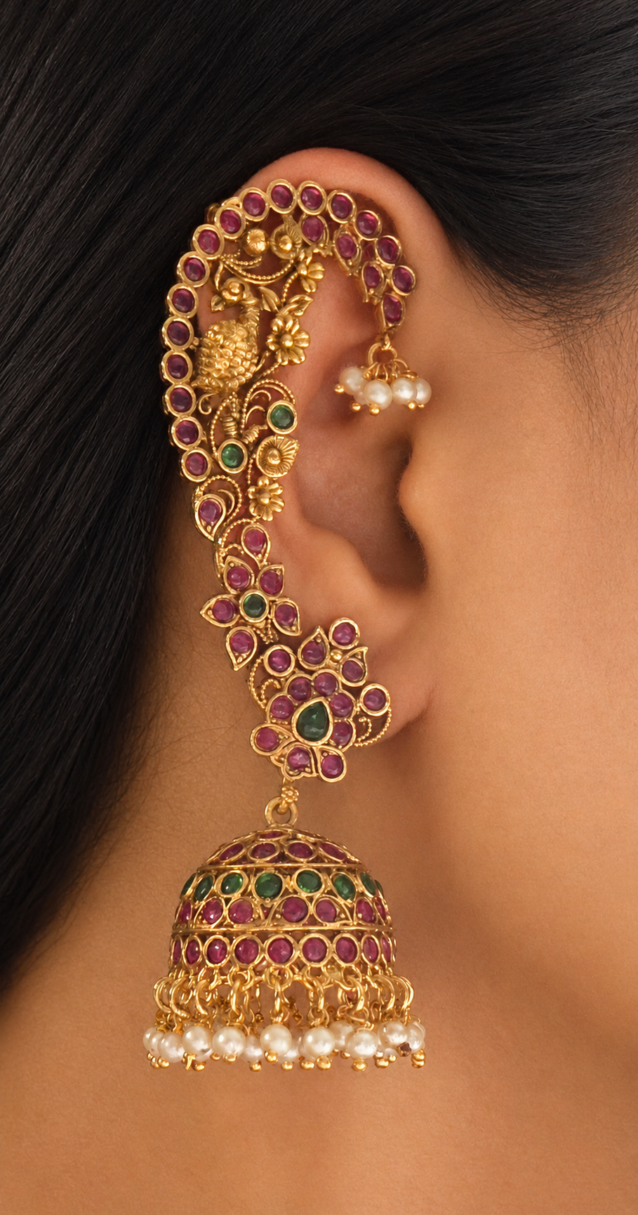 Rajamayuri Original Kemp Kundan Jhumka with Ear Cuff