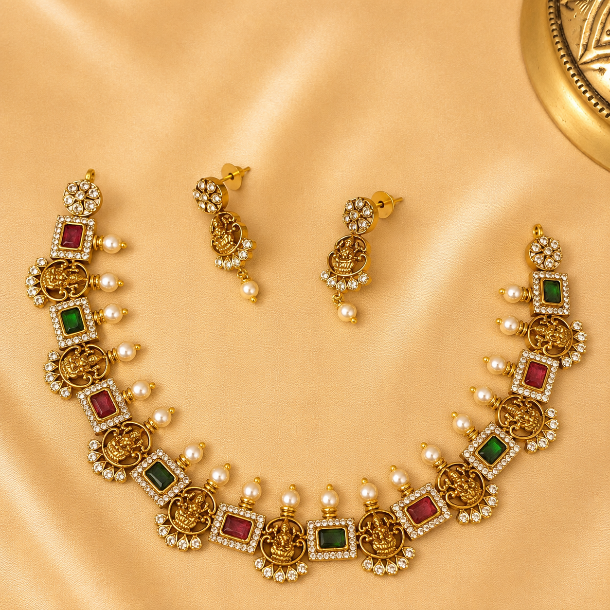 Ratna Lakshmi Kanti – Ruby Emerald Temple Choker Set.