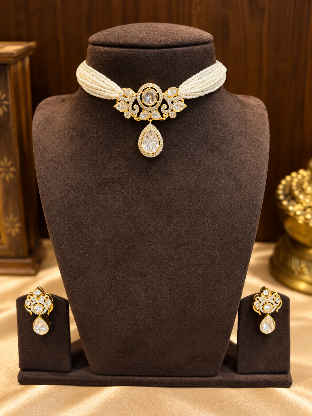 Sunehri - Real Golden Moissanite Pearl Strand Choker Set