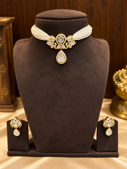 Sunehri - Real Golden Moissanite Pearl Strand Choker Set