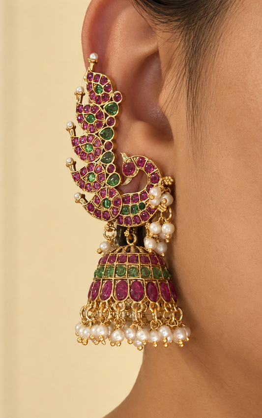 Nritya Mayuri Original Kemp Kundan Jhumka with Ear Cuff