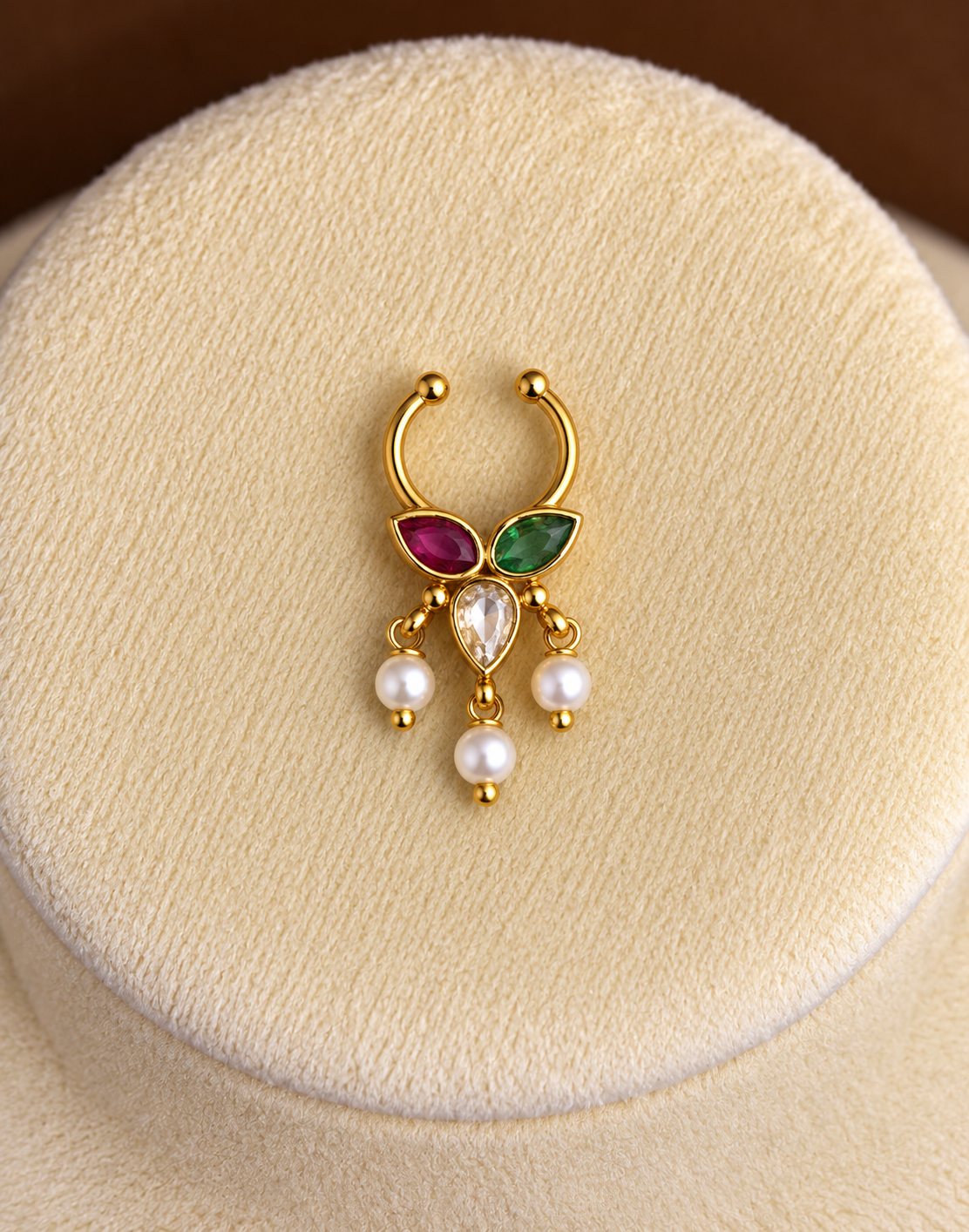 Lakshmi - Ruby Emerald Zircon Pearl Drop Nose Ring