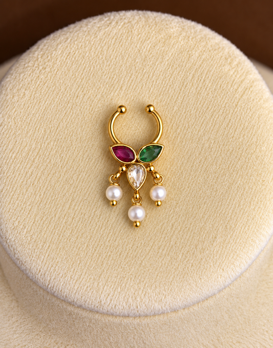 Lakshmi - Ruby Emerald Zircon Pearl Drop Nose Ring
