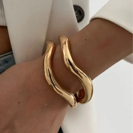 Gold Bold Wavy Stack Bracelet (Pair)