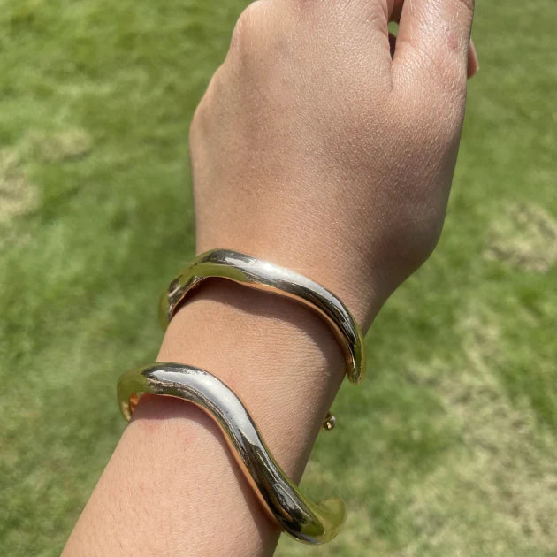 Gold Bold Wavy Stack Bracelet (Pair)