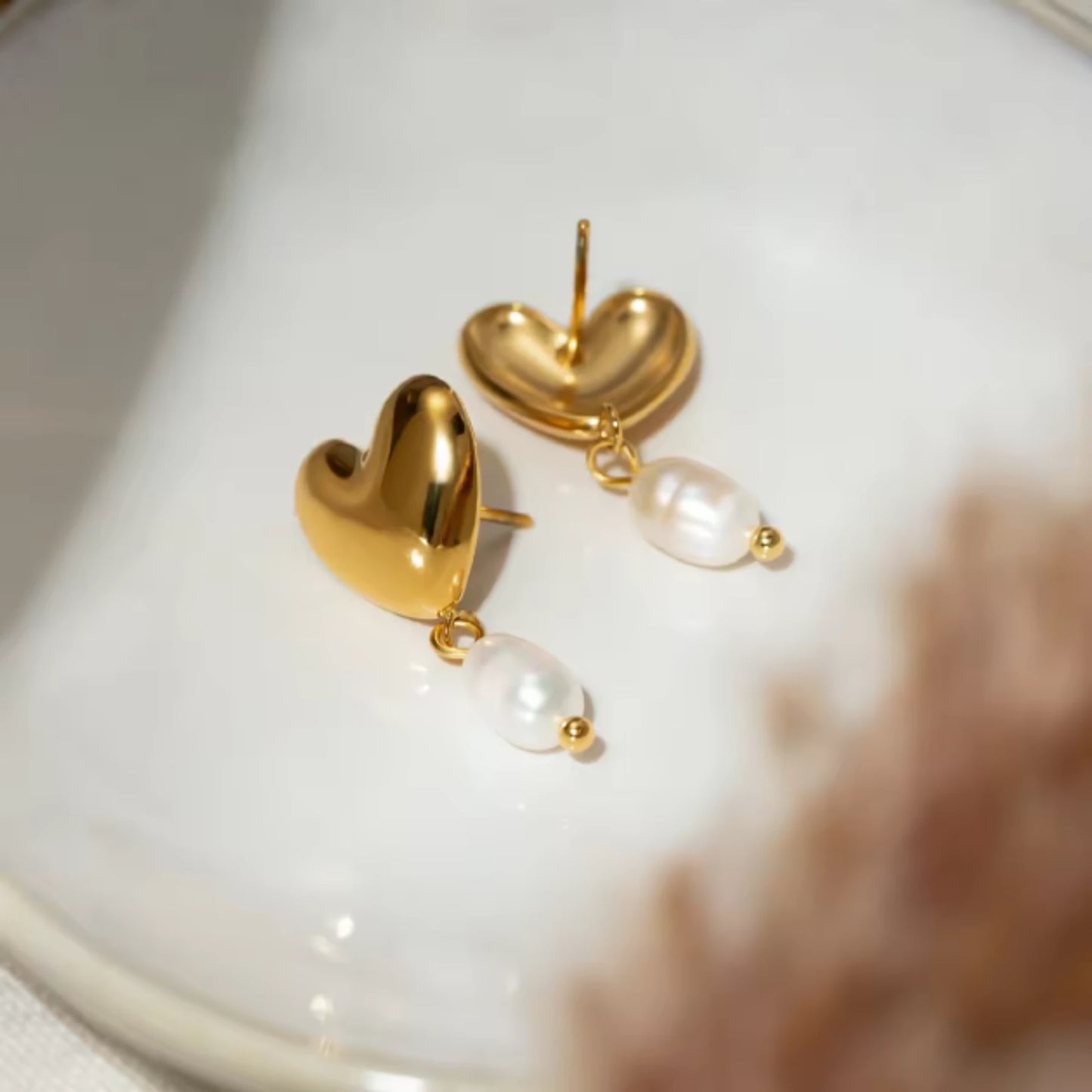 Sweetheart Pearl Drops Studs - 18k Gold Plated