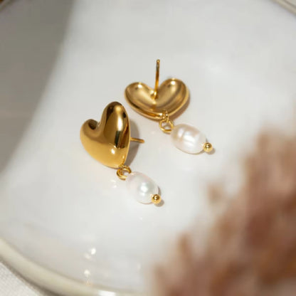 Sweetheart Pearl Drops Studs - 18k Gold Plated