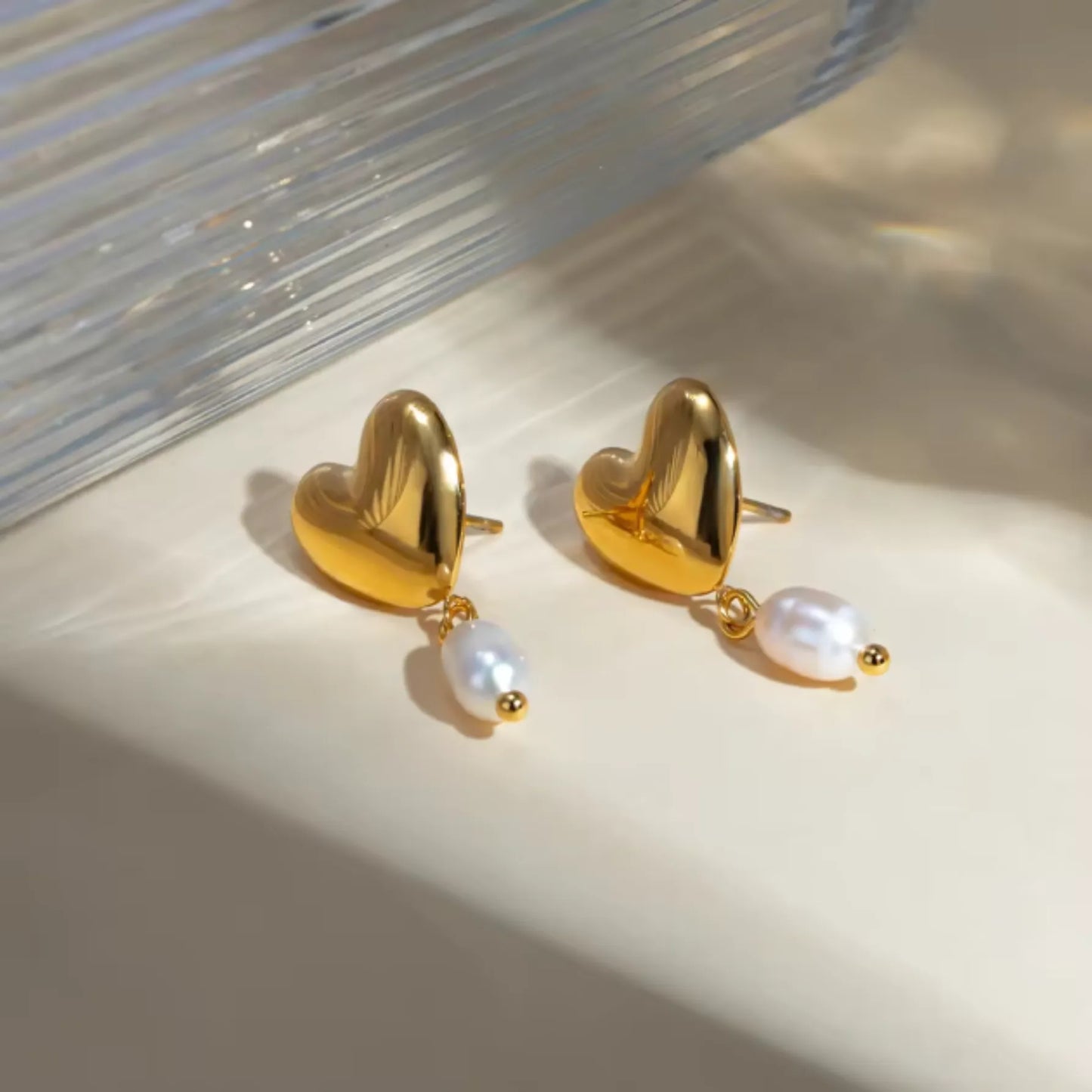 Sweetheart Pearl Drops Studs - 18k Gold Plated