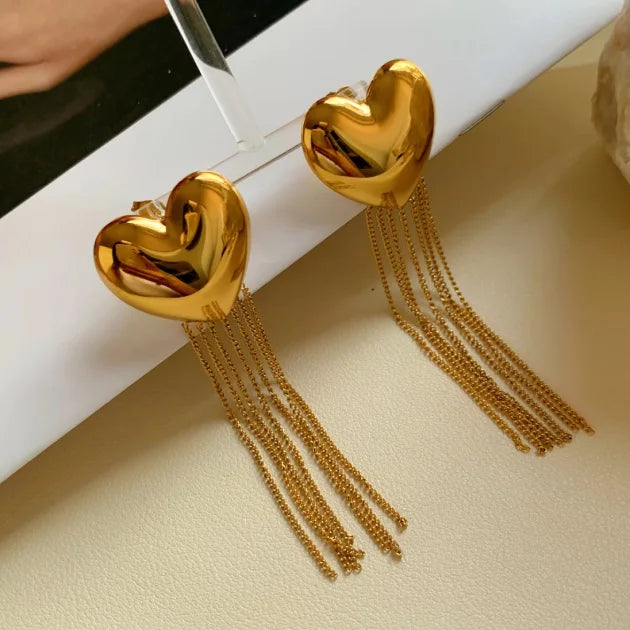 Golden Heart Tassel Earrings