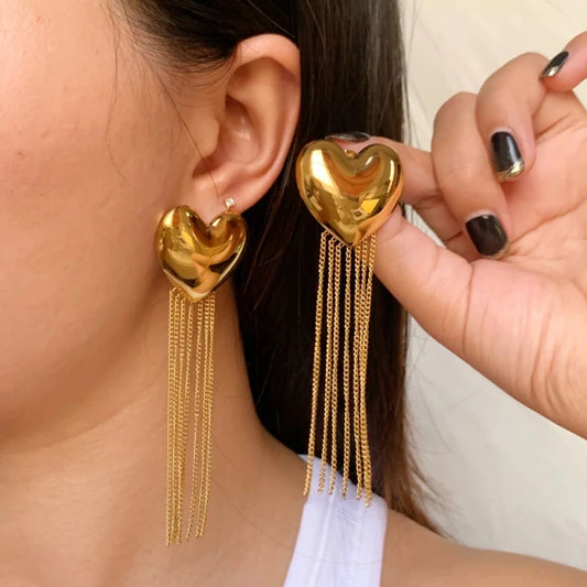 Golden Heart Tassel Earrings