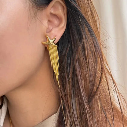 Gold Star Fish Tassel Earrings