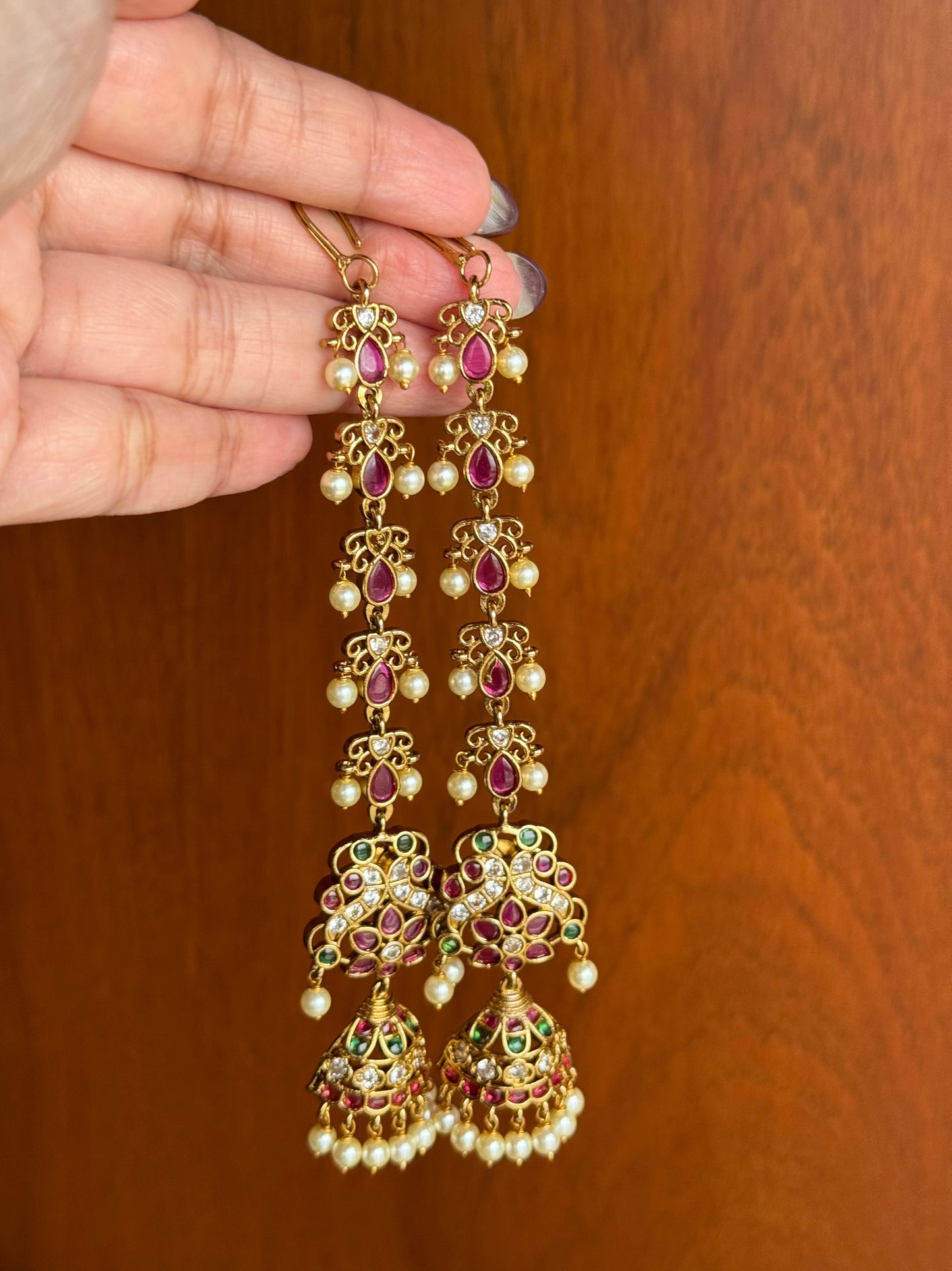 Pushpa Latha Kundala - Kemp Kundan Ear Chain Jhumka