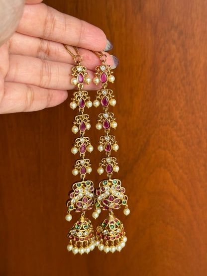 Pushpa Latha Kundala - Kemp Kundan Ear Chain Jhumka