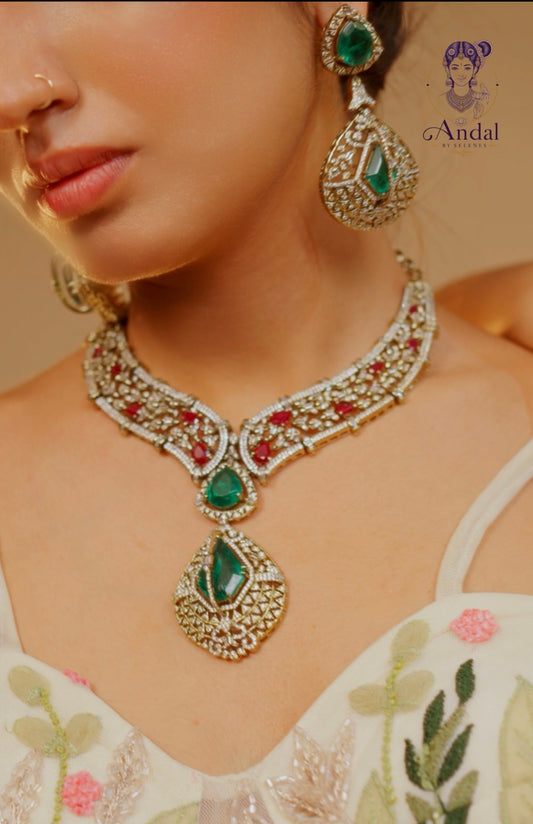 Rajratna – Emerald Diamond Filigree Heritage Necklace Set