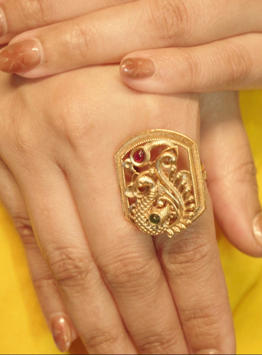 Kekini – Antique Gold Peacock Motif Statement Ring