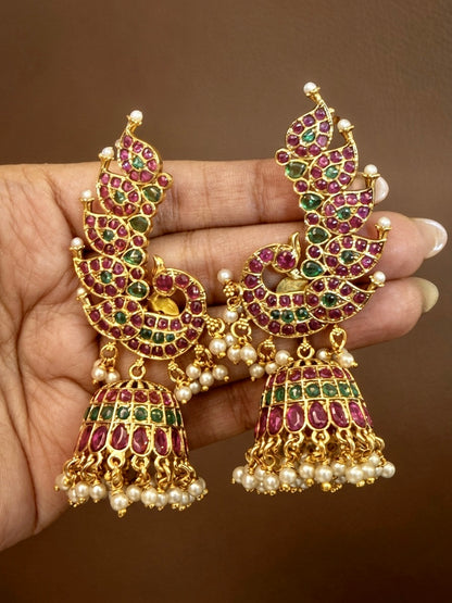 Nritya Mayuri Original Kemp Kundan Jhumka with Ear Cuff
