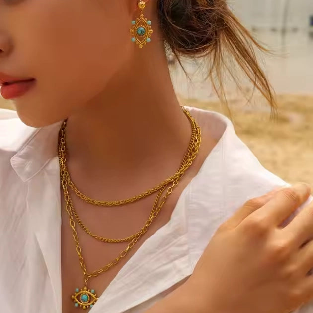 Layered Chain with Turquoise Nazar