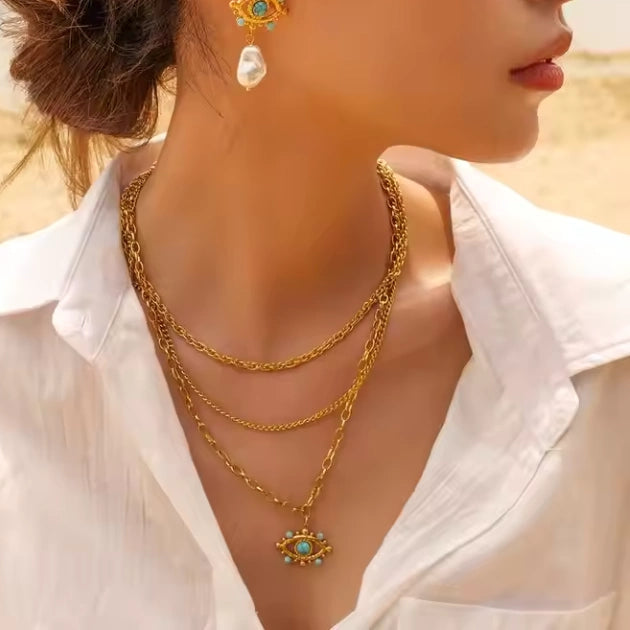Layered Chain with Turquoise Nazar