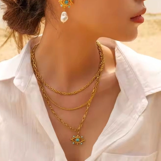 Layered Chain with Turquoise Nazar